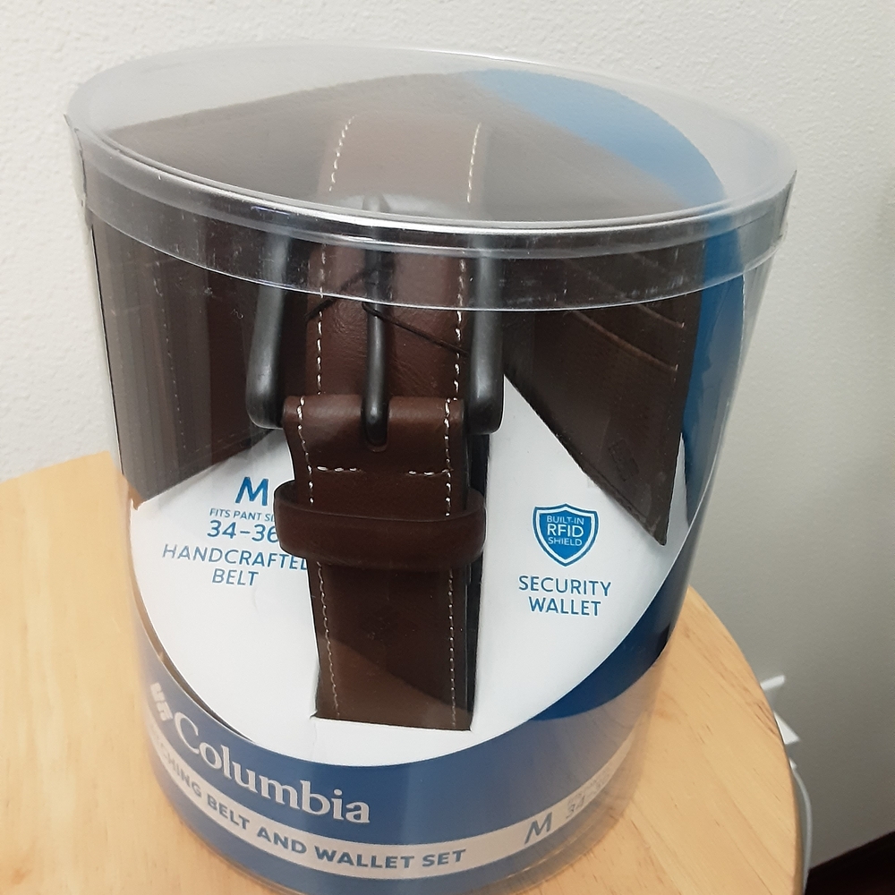 Columbia Dark Brown Leather Belt and Wallet Set